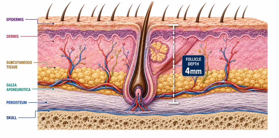 Diagram showing the visible hair strand and root below the scalp