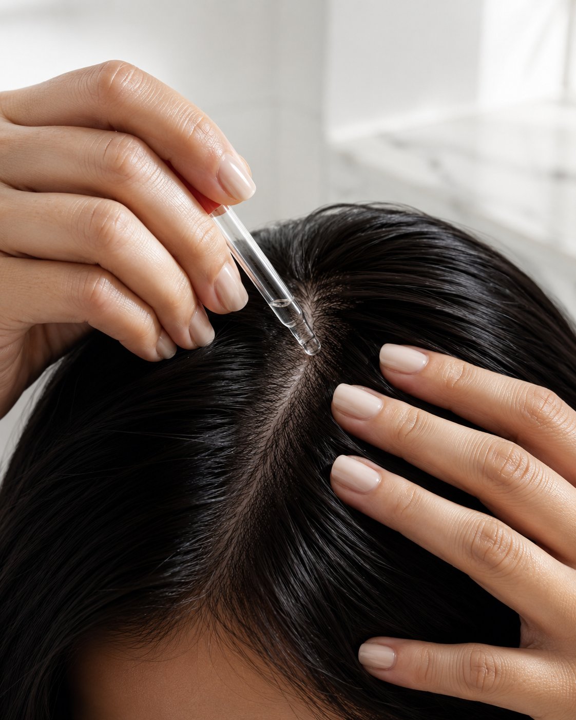 Applying serum with fingertips to parted hair