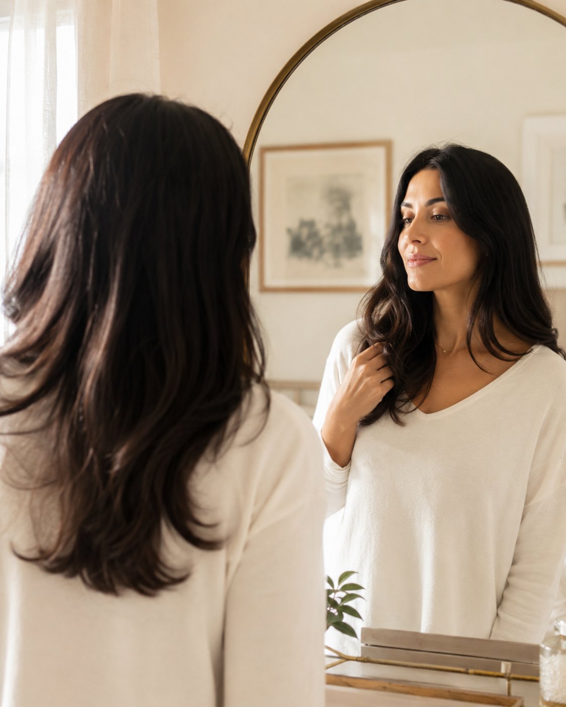 Woman with healthy full hair looking in mirror
